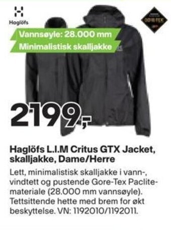 XXL Sport Haglöfs L.I.M Critus GTX Jacket, skalljakke,Dame/Herre tilbud
