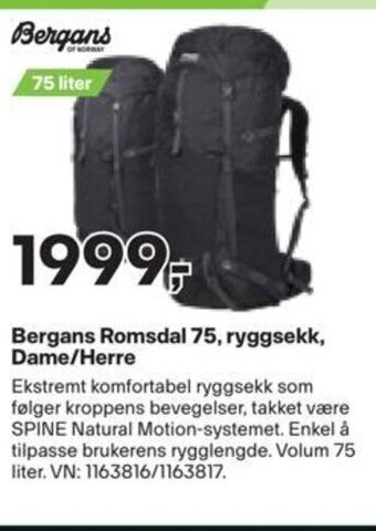 XXL Sport Bergans Romsdal 75, ryggsekk, Dame/Herre tilbud