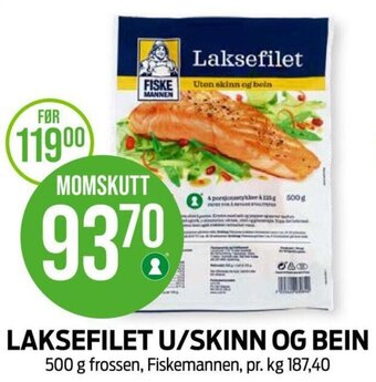 Kiwi LAKSEFILET U/SKINN OG BEIN 500 g frossen, Fiskemannen tilbud