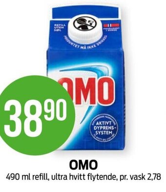 Kiwi OMO 490 ml refill, ultra hvitt flytende tilbud