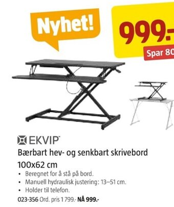 Jula Bærbart hev- og senkbart skrivebord 100x62 cm tilbud