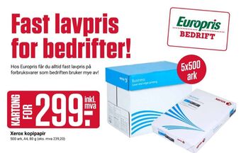Europris Xerox kopipapir tilbud