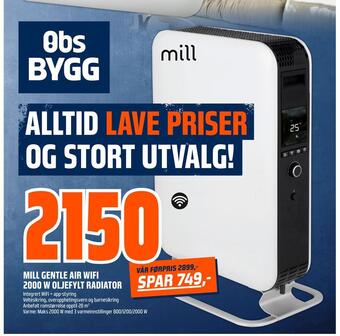 Obs Bygg Mill gentle air wifi 2000 w oljefylt radiator tilbud