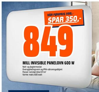 Obs Bygg Mill invisible panelovn 600 w tilbud
