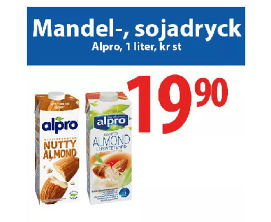 MaxiMat Charlottenberg Mandel-, sojadryck Alpro, 1 liter tilbud