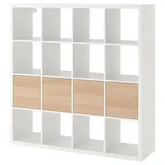 IKEA Kallax hylle med 4 innsatser, hvit/hvitbeiset eikemønster, 147x147 cm tilbud
