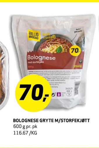 Bunnpris Bolognese gryte m/storfekjøtt tilbud