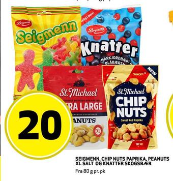Bunnpris Seigmenn, chip nuts paprika, peanuts. xl salt og knatter skogsbær tilbud