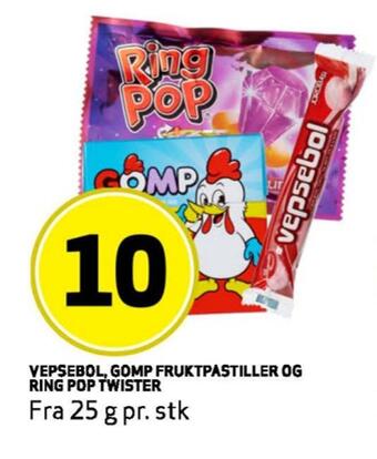 Bunnpris Vepsebol, gomp fruktpastiller og ring pop twister tilbud