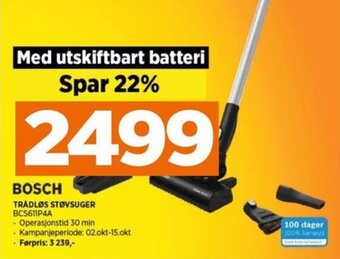 POWER BOSCH TRÅDLØS STØVSUGER BCS611P4A tilbud