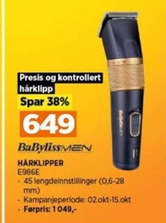 POWER BaBylissMEN HÅRKLIPPER E986E tilbud