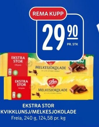 Rema 1000 EKSTRA STOR KVIKKLUNSJ/MELKESJOKOLADE Freia tilbud