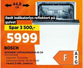 POWER BOSCH INTEGRERT OPPVASKMASKIN 45 CM SPV2XMX01E tilbud