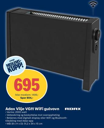 Coop Obs Adax vilje vg11 wifi gulvovn tilbud