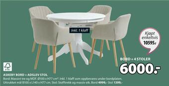 JYSK Bord + 4 stoler tilbud
