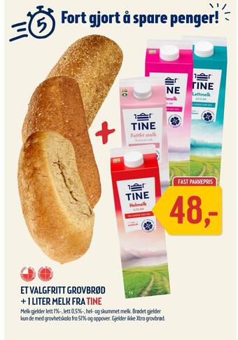 Coop Prix Et valgfritt grovbrød + 1 liter melk fra tine tilbud