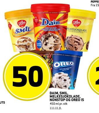 Bunnpris Daim, smil, melkesjokolade, nonstop og oreo is tilbud