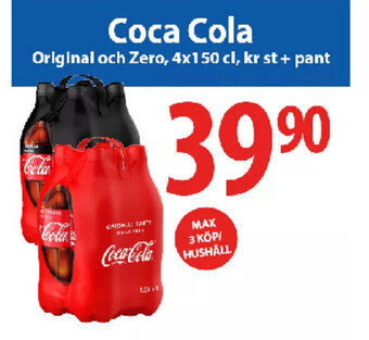 Coca Cola Original och Zero, 4x150 cl, kr st + pant