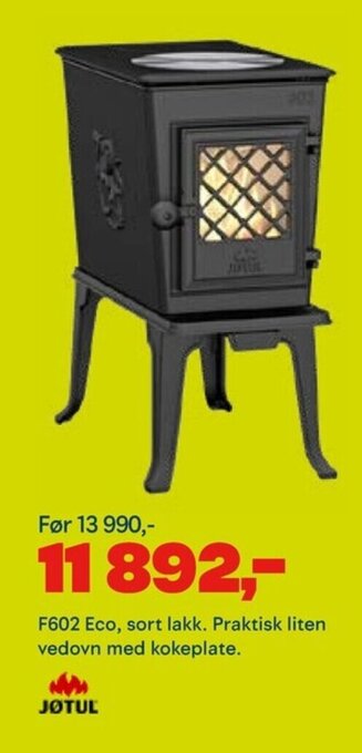 Maxbo F602 Eco, sort lakk. Praktisk liten vedovn med kokeplate tilbud