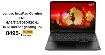 Elkjøp Lenovo IdeaPad Gaming 3 R5 6/16/512/3050/130Hz 15,6" bærbar gaming-PC tilbud