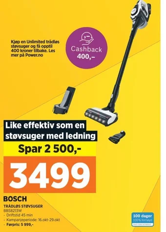 POWER BOSCH TRÅDLØS STØVSUGER BBS8213W tilbud
