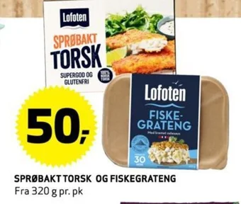 Bunnpris SPRØBAKT TORSK OG FISKEGRATENG Lofoten tilbud