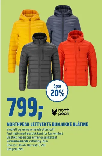 Coop Obs Northpeak lettvekts dunjakke blåtind tilbud