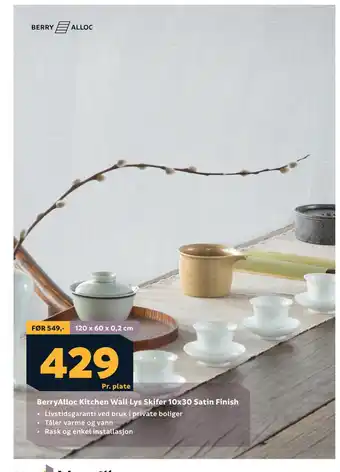 Megaflis Berryalloc kitchen wall lys skifer 10x30 satin finish tilbud