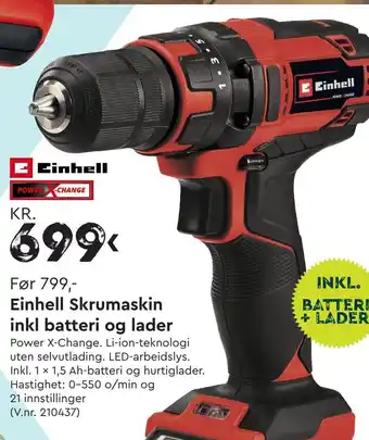 Mekk Einhell Skrumaskin inkl batteri og lader tilbud