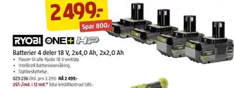 RYOBI ONE+HP Batterier 4 deler 18 V, 2x4,0 Ah, 2x2,0 Ah