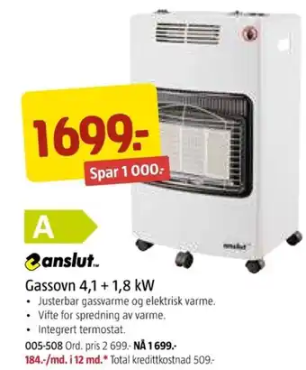 Jula Canslut Gassovn 4,1 + 1,8 kW tilbud