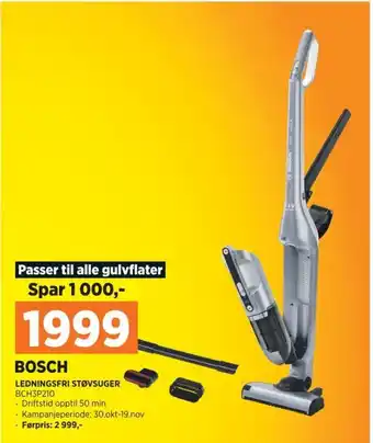 POWER BOSCH LEDNINGSFRI STØVSUGER BCH3P210 tilbud