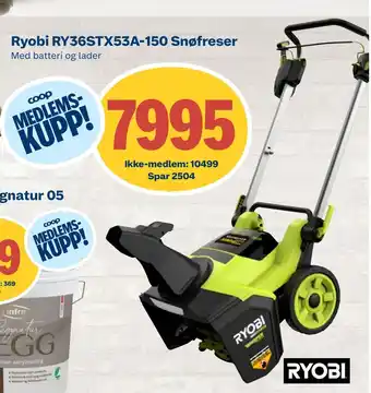 Coop Byggmix Ryobi ry36stx53a-150 snøfreser tilbud