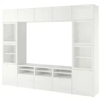 IKEA Bestå tv-løsning/vitrinedører, hvit smeviken/ostvik hvit klart glass, 300x42x231 cm tilbud