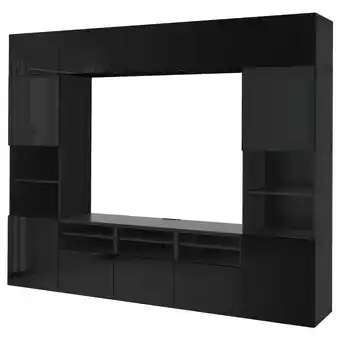 IKEA Bestå tv-løsning/vitrinedører, brunsvart/selsviken høyglanset/svart røykfarget glass, 300x42x231 cm tilbud