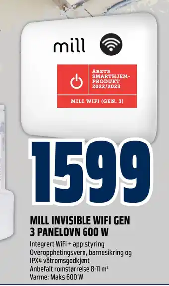 Obs Bygg Mill invisible wifi gen 3 panelovn 600 w tilbud