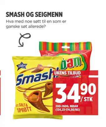 Meny Smash og seigmenn tilbud