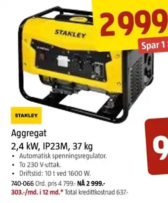 Jula STANLEY Aggregat 2,4 kW, IP23M, 37 kg tilbud