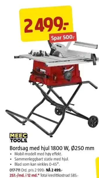 Jula MEEC TOOLS Bordsag med hjul 1800 W, Ø250 mm tilbud