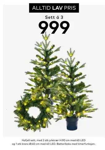 Skeidar Hafjell sett, med 2 stk juletrær h:90 cm med 60 led og 1 stk krans ø:40 cm med 40 led tilbud