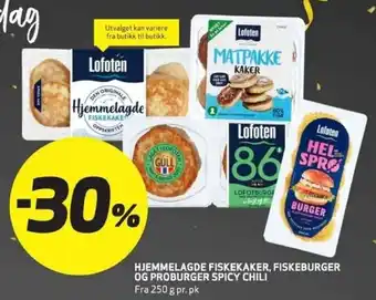 Bunnpris HJEMMELAGDE FISKEKAKER, FISKEBURGER OG PROBURGER SPICY CHILI tilbud