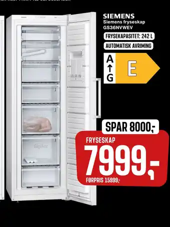 Skousen Siemens fryseskap gs36nvwev tilbud