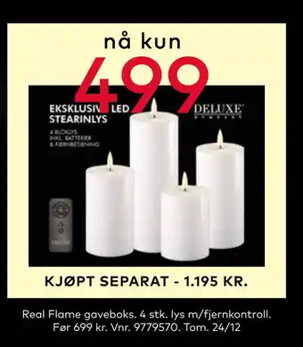 Skeidar Real flame gaveboks. 4 stk lys m/fjernkontroll tilbud