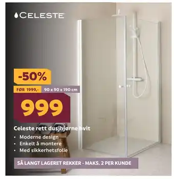 Megaflis Celeste rett dusjhjørne hvit tilbud