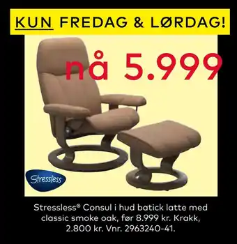 Skeidar Stressless consul i hud batick latte med classic smoke oak tilbud