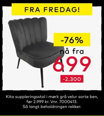 Skeidar Kita suppleringsstol i mørk grå velur sorte ben tilbud