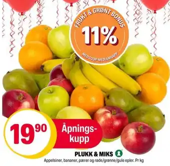 Coop Extra Appelsiner, bananer, pærer og røde/grønne/gule epler. Pr kg tilbud