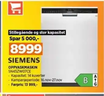 POWER SIEMENS OPPVASKMASKIN SN45ZW07CE tilbud