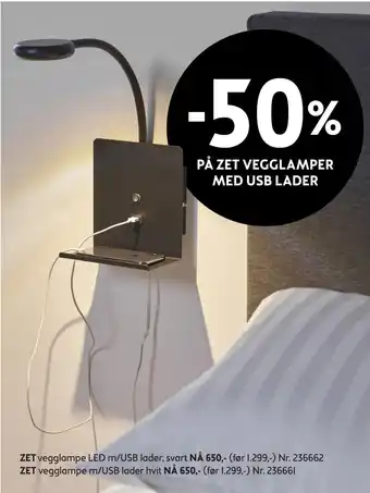 Bohus Zet vegglampe m/usb lader hvit tilbud