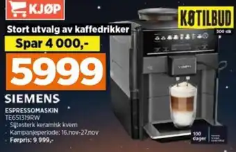 POWER SIEMENS ESPRESSOMASKIN TE651319RW tilbud